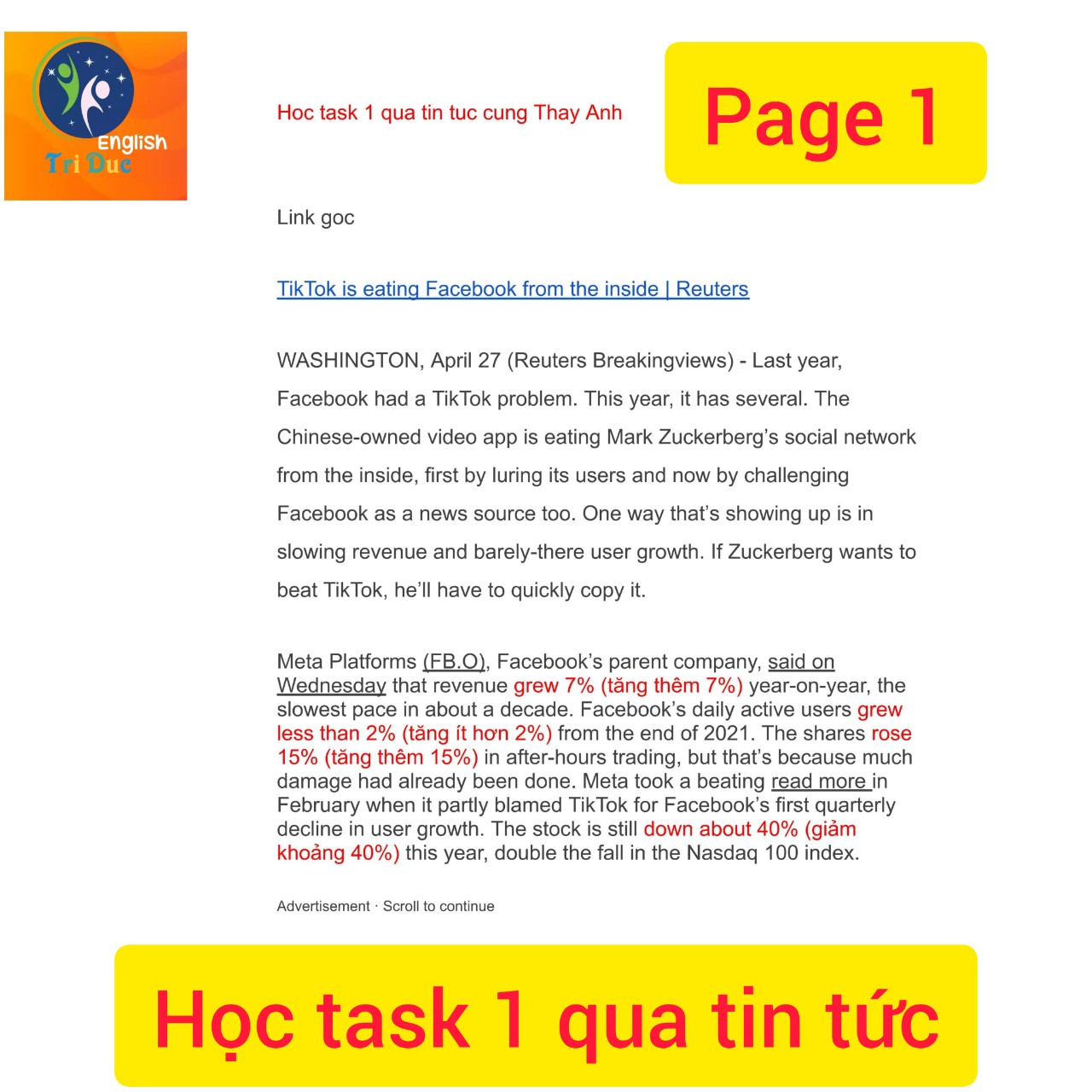 Learn task 1 by reading news. Topic: Facebook vs Tik Tok